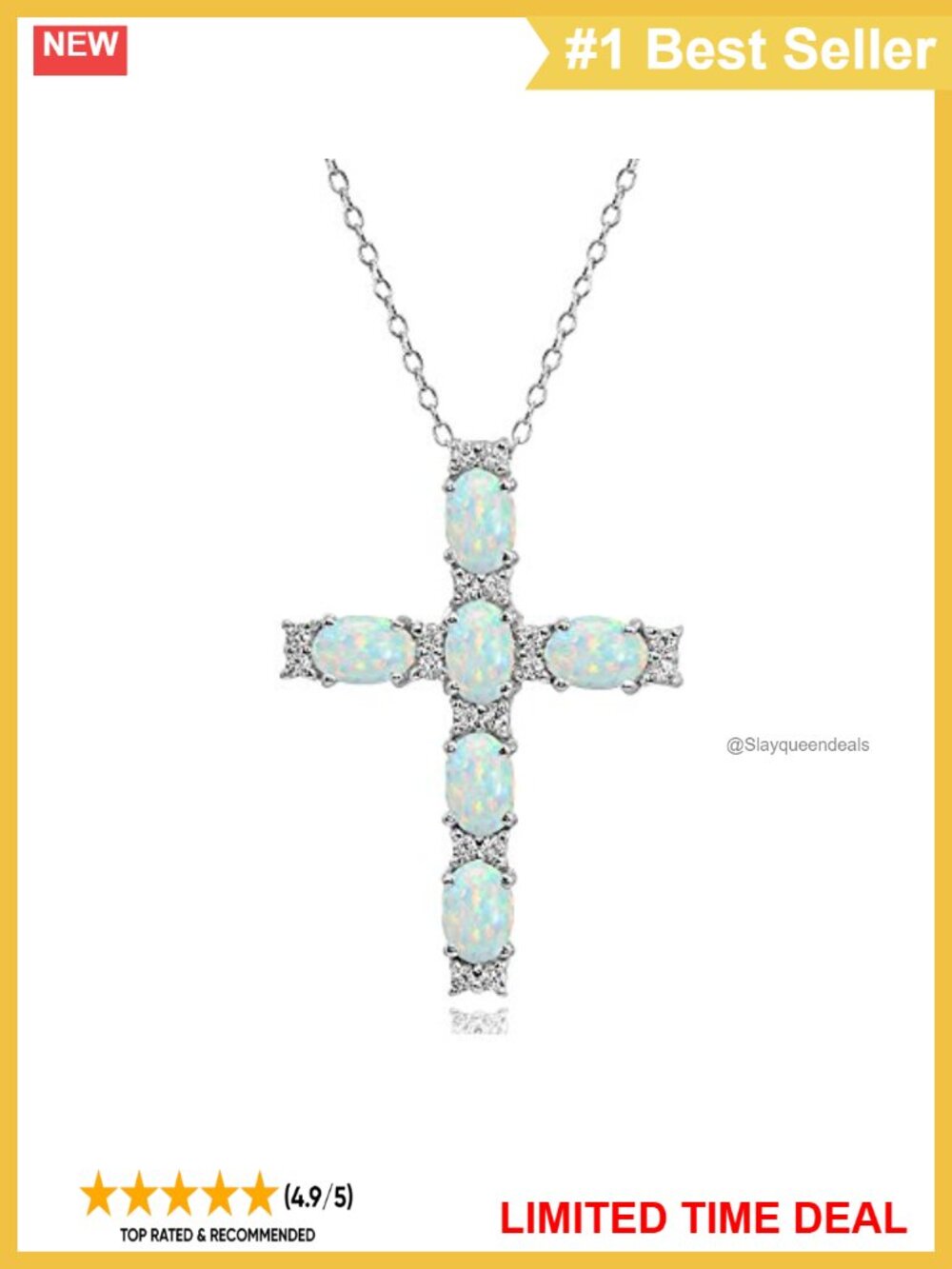 Sterling Silver Cross Necklace with Synthetic White Opal